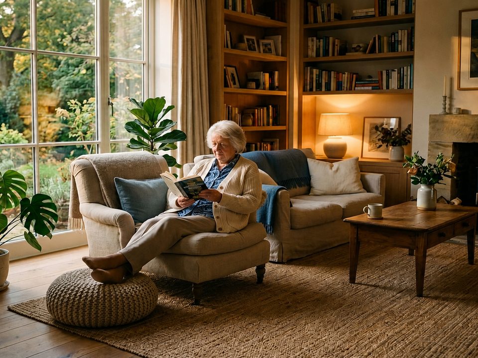 An older woman reading in an armchair in her living room
