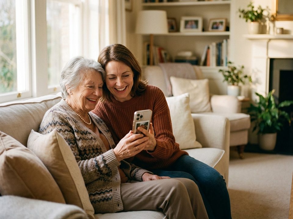 An older woman and her daughter smiling at the Seenyor app on a phone